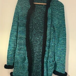 Vintage Anna SUI Crochet Green Elegant Teal and Black Women's Sweater